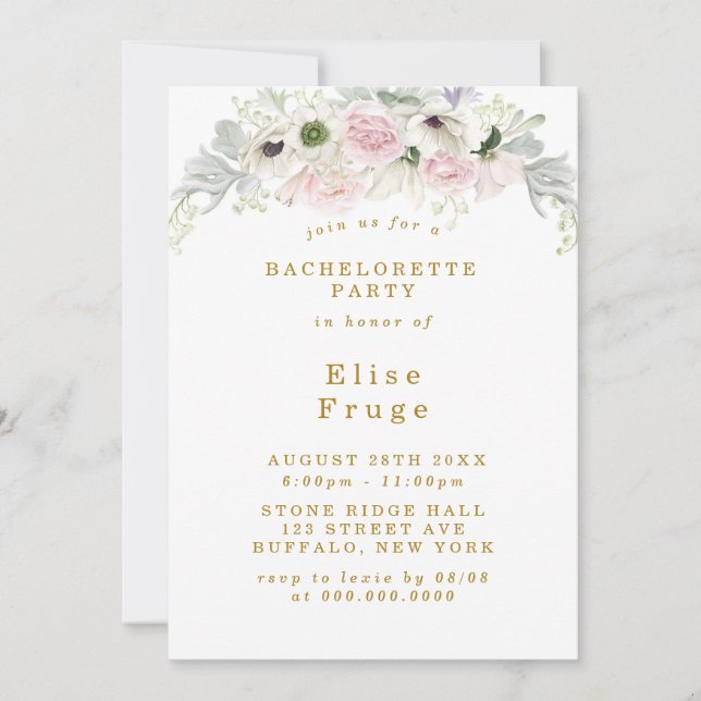 Blush Pink Peony Anemone Gold Bachelorette Party Invitation (Front)