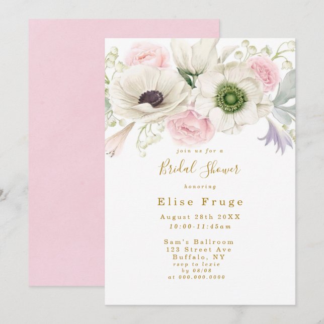 Blush Pink Peony Anemone Gold Bridal Shower  Invit Invitation (Front/Back)