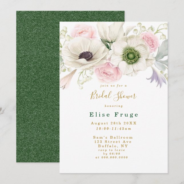 Blush Pink Peony Anemone Gold Bridal Shower Invitation (Front/Back)