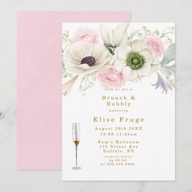 Blush Pink Peony Anemone Gold Brunch & Bubbly Invitation (Front/Back)
