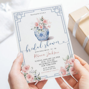 Blush Pink Peony Chinoiserie Ginger Jar Bridal Invitation