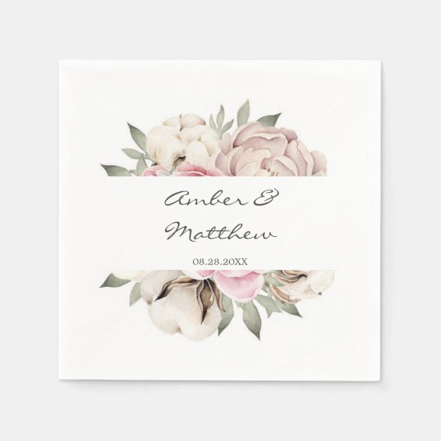 Blush Pink Peony Cotton Wedding Napkins (Front)