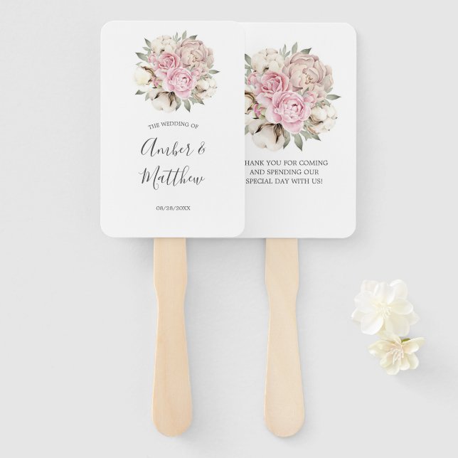 Blush Pink Peony Cream Cotton Wedding Hand Fan (Front and Back)