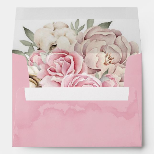 Blush Pink Peony Cream  White Cotton Wedding Envelope (Back (Bottom))