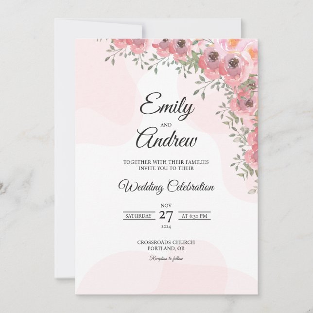 Blush Pink Peony Elegant Floral Watercolor Wedding Invitation (Front)