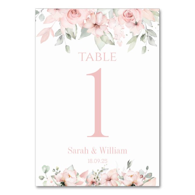Blush Pink Peony Eucalyptus Greenery Wedding Table Number (Front)
