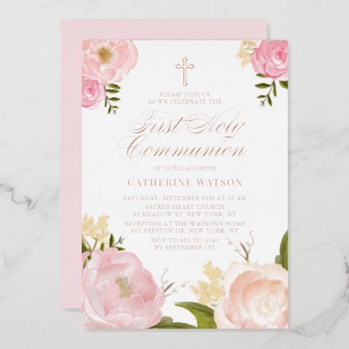 Blush Pink Peony First Holy Communion Rose Gold Foil Invitation