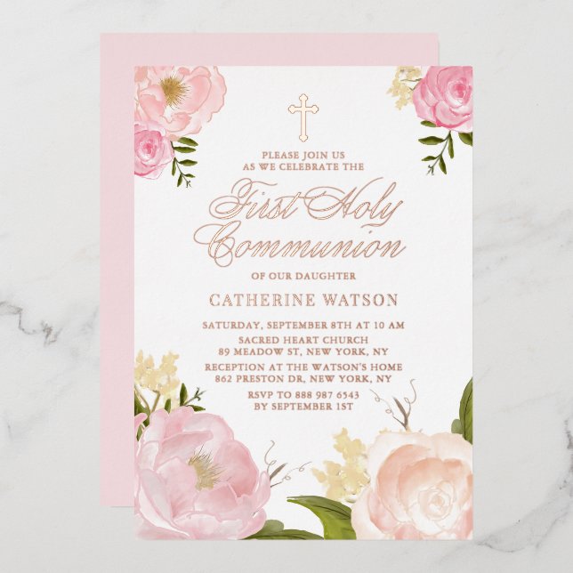 Blush Pink Peony First Holy Communion Rose Gold Foil Invitation (Front/Back)