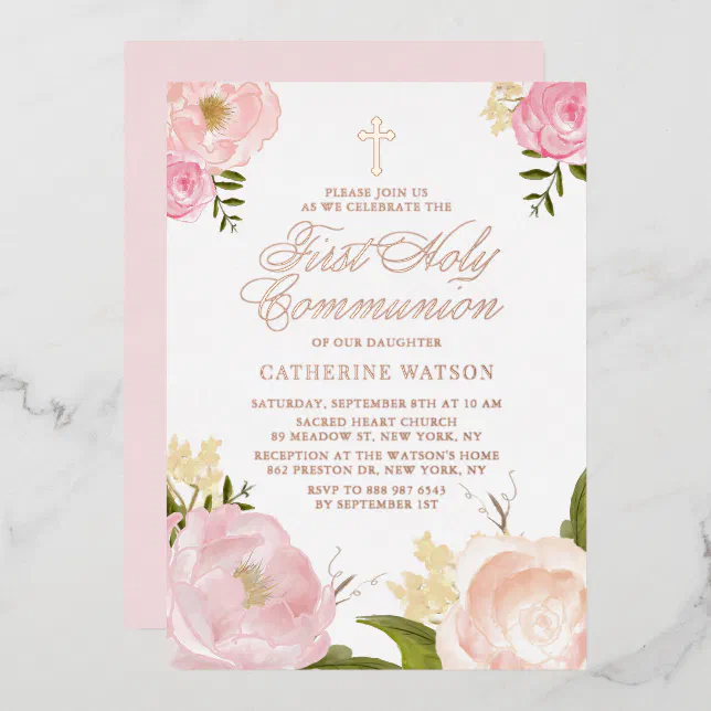 Blush Pink Peony First Holy Communion Rose Gold Foil Invitation | Zazzle
