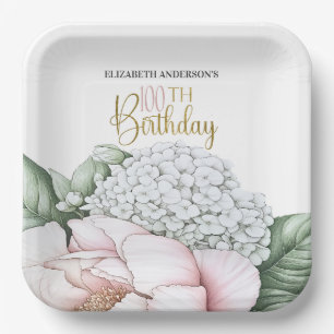 Blush Pink Peony Floral 100th Birthday Paper Plates