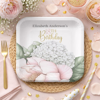 Blush Pink Peony Floral 18th Birthday Paper Plates