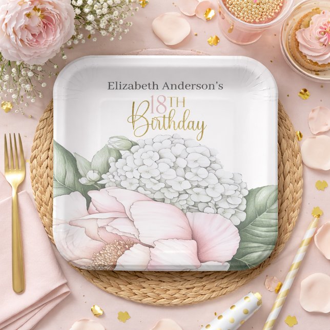 Blush Pink Peony Floral 18th Birthday  Paper Plates (Creator Uploaded)