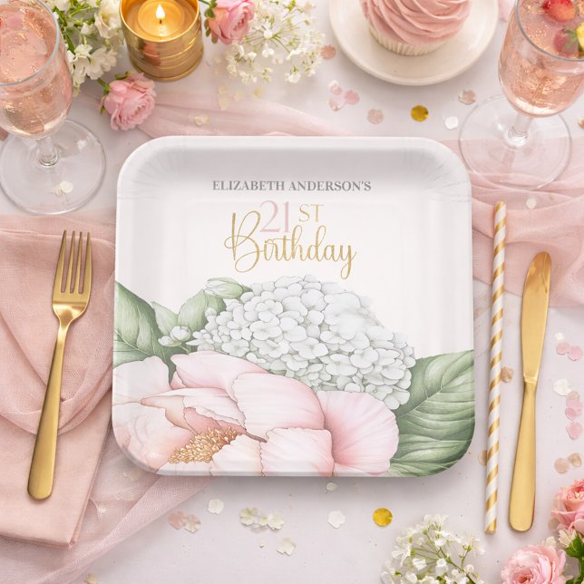 Blush Pink Peony Floral 21st Birthday  Paper Plates (Creator Uploaded)
