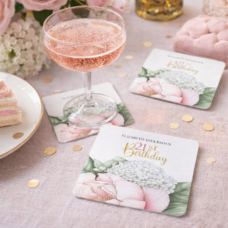 Blush Pink Peony Floral 21st Birthday  Square Paper Coaster
