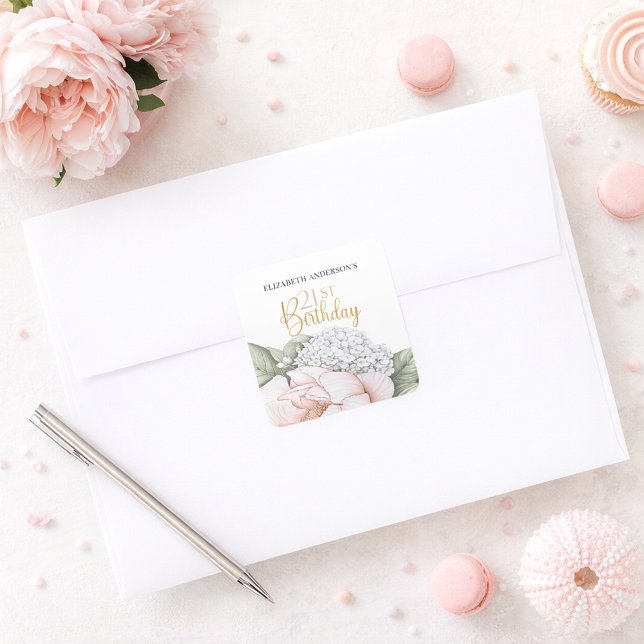 Blush Pink Peony Floral 21st Birthday  Square Sticker (Creator Uploaded)