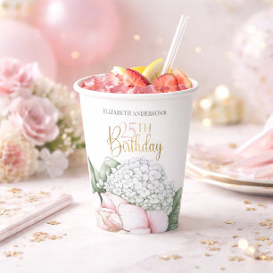 Blush Pink Peony Floral 25th Birthday Paper Cups