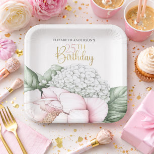 Blush Pink Peony Floral 25th Birthday  Paper Plates