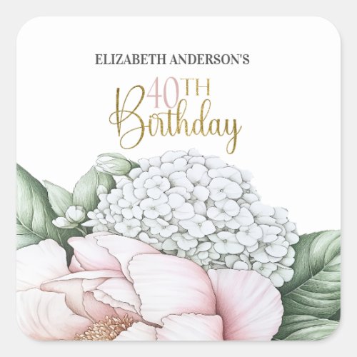 Blush Pink Peony Floral 40th Birthday Square Sticker