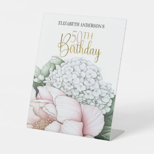 Blush Pink Peony Floral 50th Birthday Pedestal Sign