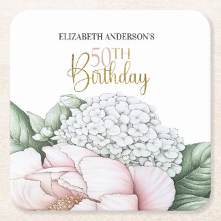 Blush Pink Peony Floral 50th Birthday Square Paper Coaster