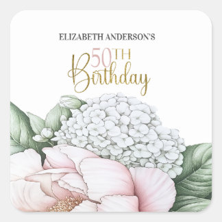 Blush Pink Peony Floral 50th Birthday Square Sticker