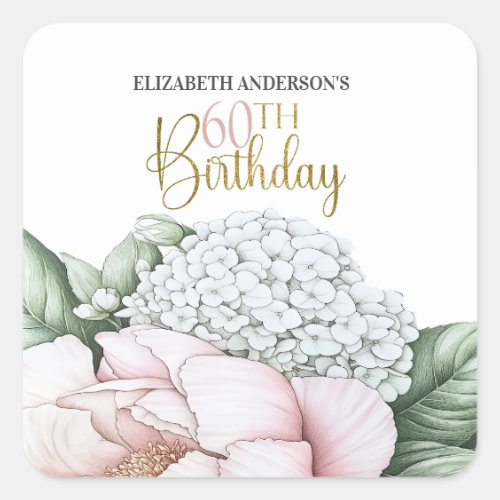 Blush Pink Peony Floral 60th Birthday  Square Sticker