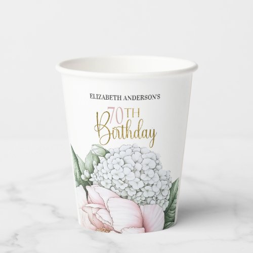 Blush Pink Peony Floral 70th Birthday  Paper Cups