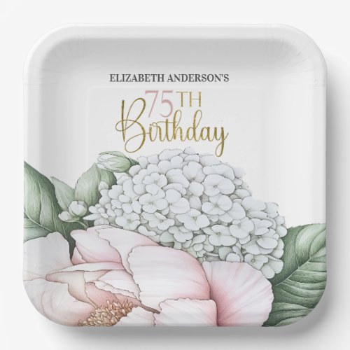 Blush Pink Peony Floral 75th Birthday  Paper Plates