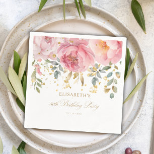 Blush Pink Peony Floral 80th Birthday Party Napkins