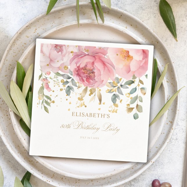 Blush Pink Peony Floral 80th Birthday Party Napkins (Creator Uploaded)