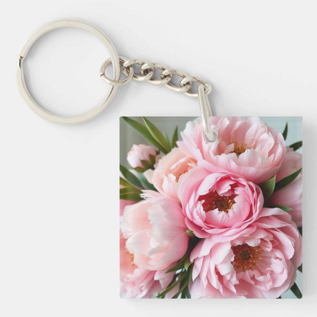 Blush Pink Peony Floral Acrylic Square Keychain  (Front)