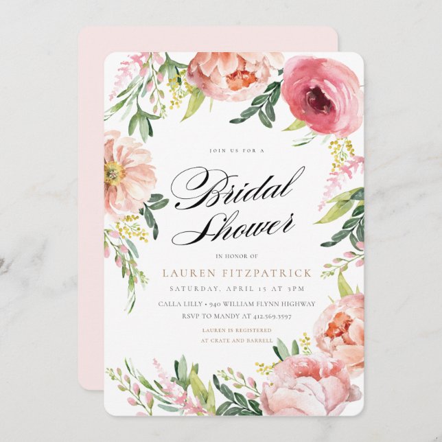 Blush Pink Peony Floral Bridal Shower Invitation (Front/Back)