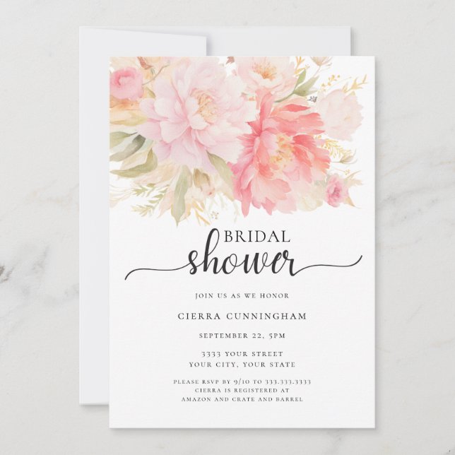 Blush Pink Peony Floral Bridal Shower Invitation (Front)