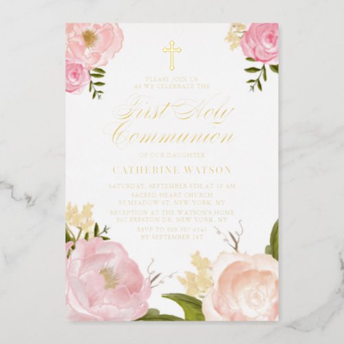Blush Pink Peony Floral First Holy Communion Foil Invitation
