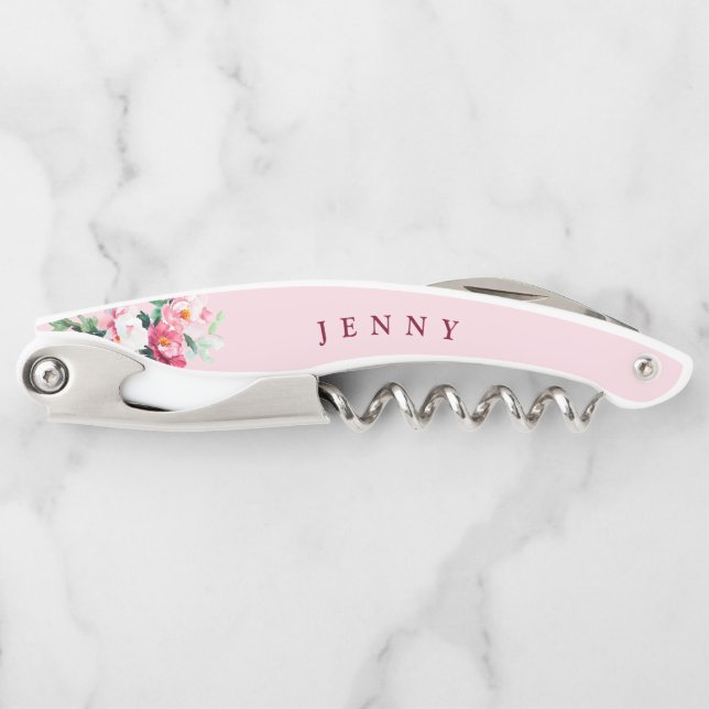 Blush Pink Peony Floral Personalized Bridesmaid Waiter's Corkscrew (Front)