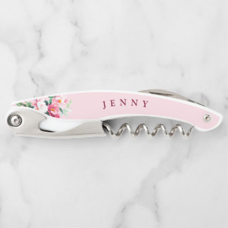 Blush Pink Peony Floral Personalized Bridesmaid Waiter's Corkscrew