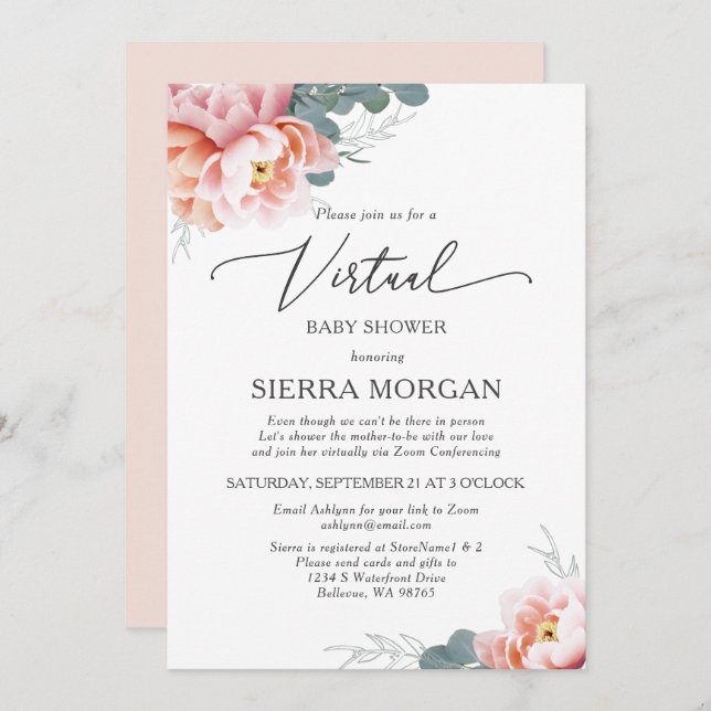 Blush Pink Peony Floral Virtual Baby Shower Invitation (Front/Back)