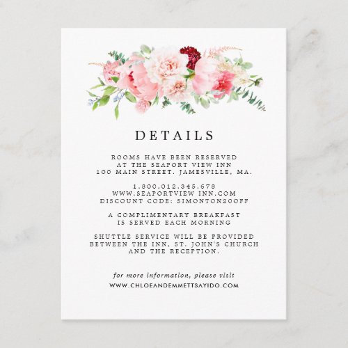 Blush Pink Peony Floral Wedding Guest Details Enclosure Card