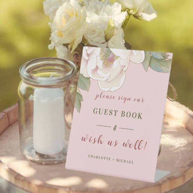 Blush Pink Peony Floral Wedding Guestbook  Pedesta Pedestal Sign (Creator Uploaded)