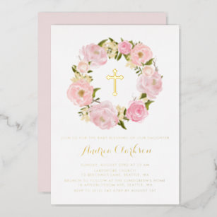 Blush Pink Peony Floral Wreath Baby Blessing Foil Invitation
