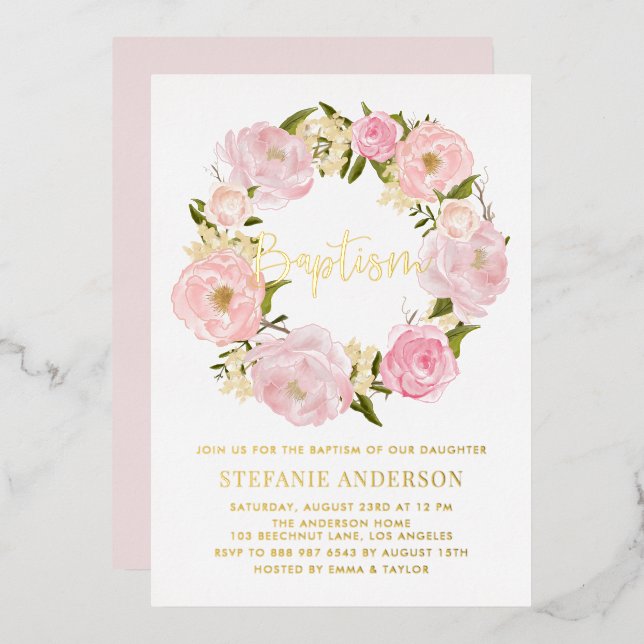 Blush Pink Peony Flowers Wreath Baby Girl Baptism Foil Invitation (Front/Back)