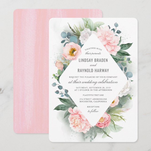 Blush Pink Peony Frame Floral Watercolor Wedding Invitation (Front/Back)