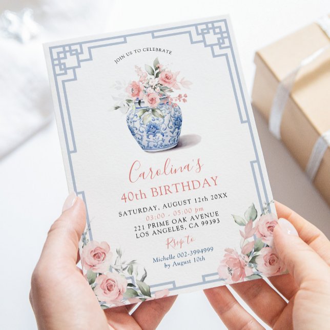 Blush Pink Peony Ginger Jar Chinoiserie Birthday Invitation (Creator Uploaded)