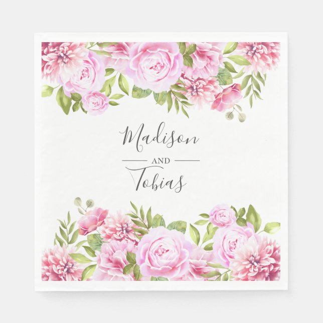 Blush Pink Peony Greenery Floral Wedding Napkins (Front)