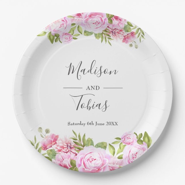 Blush Pink Peony Greenery Floral Wedding Paper Plates (Front)
