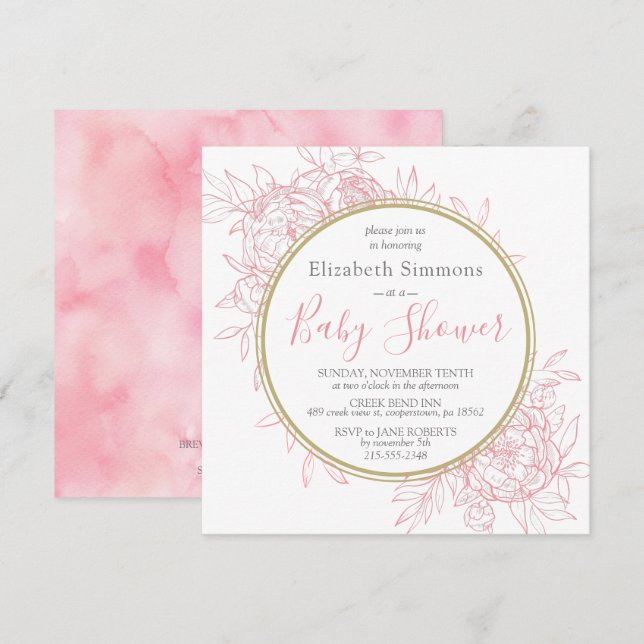 Blush Pink Peony Modern Floral Toile Baby Shower Invitation (Front/Back)