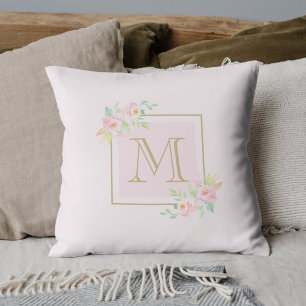 Blush Pink Peony Personalized Initial Throw Pillow