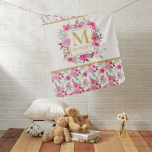 Blush Pink Peony Rose Custom Monogram Baby Blanket
