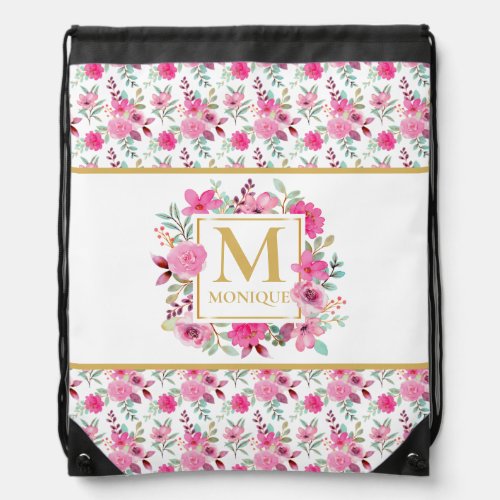 Blush Pink Peony Rose Custom Monogram Drawstring Bag