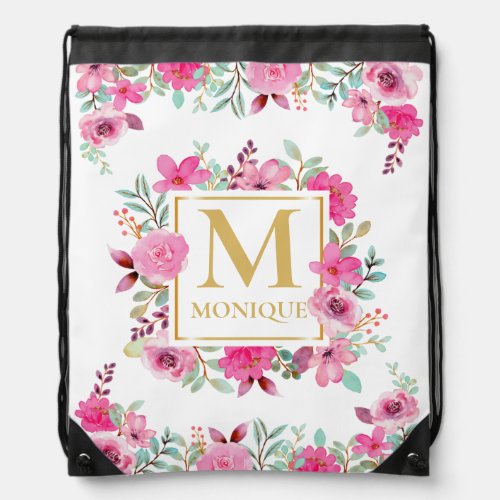 Blush Pink Peony Rose Custom Monogram Drawstring Bag